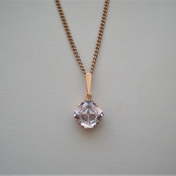 Vintage Russian 14K 585 Rose Gold Faceted Rock Crystal Pendant Necklace Chain - Picture 2 of 6
